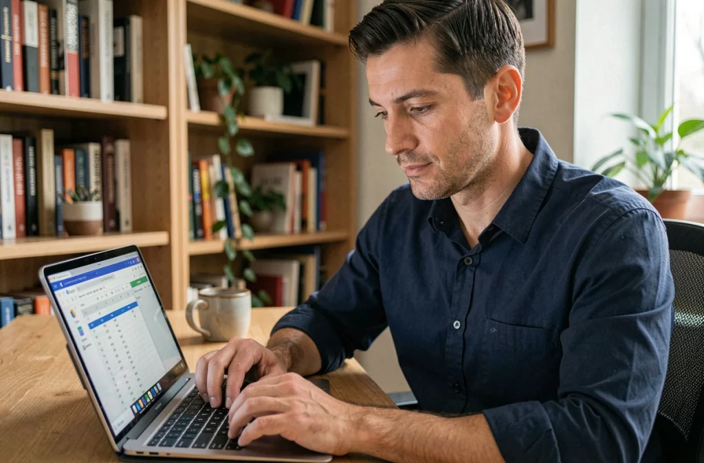 Homme travaillant sur Google Drive depuis son bureau à domicile avec une tablette