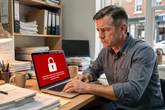 Chef d'une petite entreprise découvrant un message de rançongiciel sur son ordinateur portable au bureau