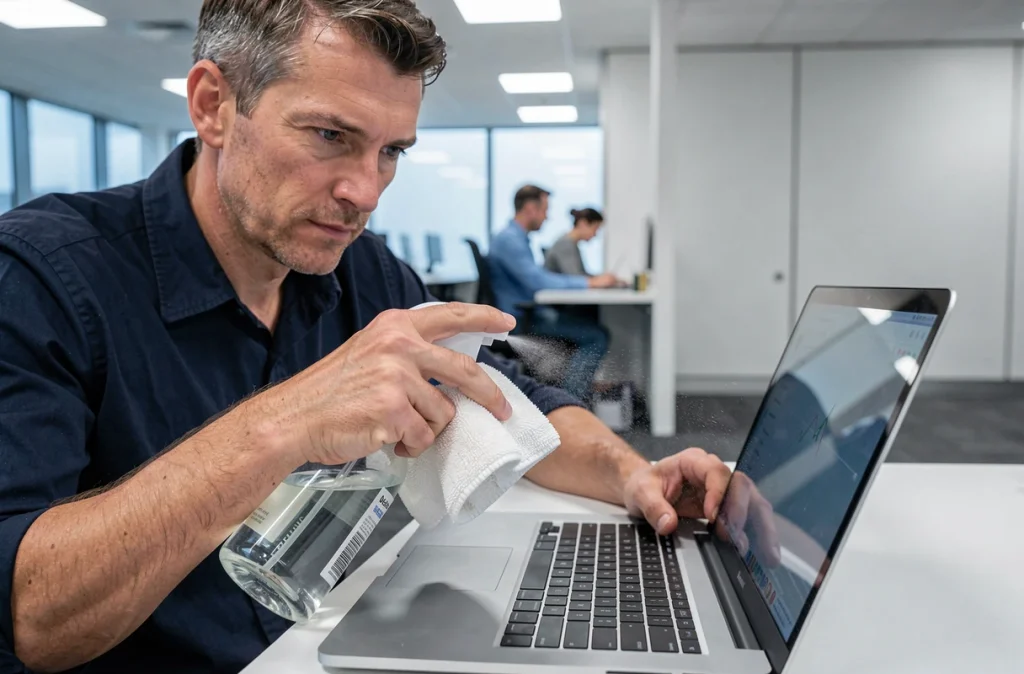 Homme appliquant un produit nettoyant sur un chiffon pour nettoyer l'écran d'un ordinateur portable au bureau