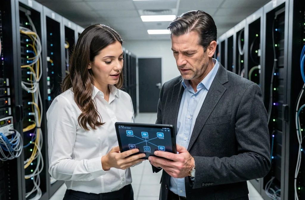 Deux professionnels de la cybersécurité analysant la cartographie réseau d'objets connectés dans une salle de serveurs