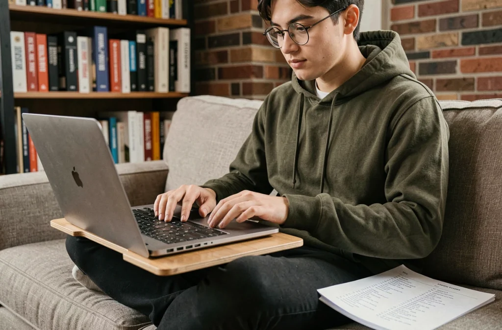 Jeune personne consultant une fiche de raccourcis clavier Windows sur un canapé à la maison