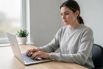 Femme utilisant des raccourcis clavier sur un MacBook Pro dans un bureau minimaliste