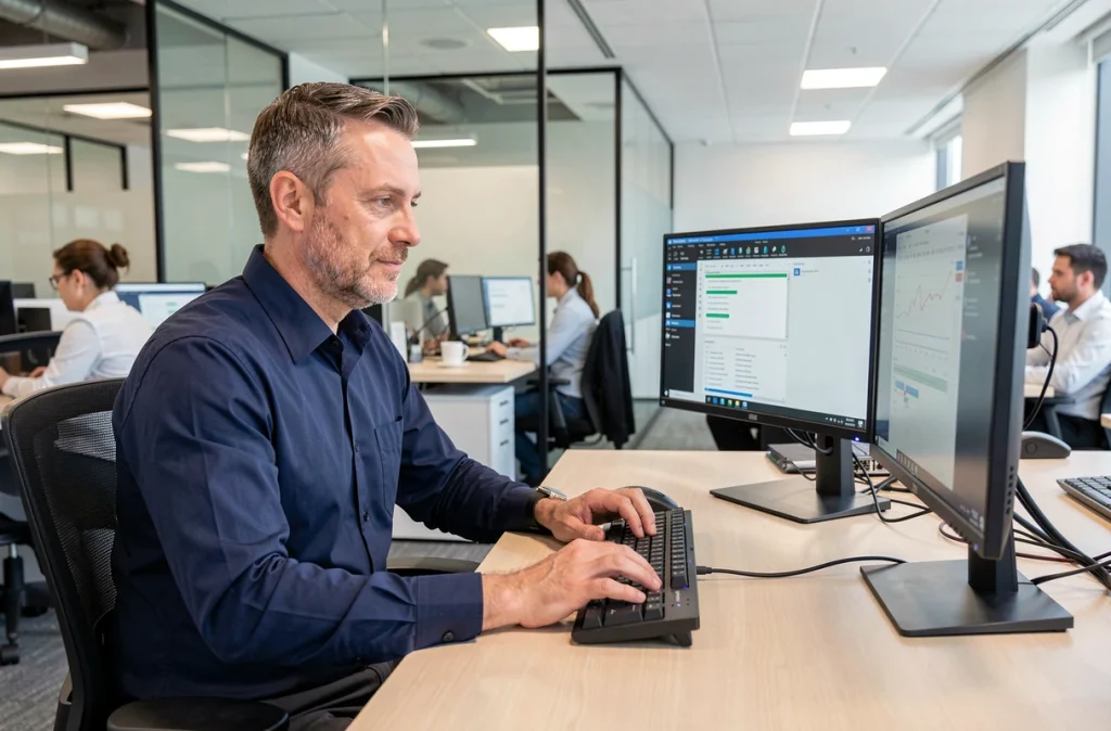 Homme utilisant un raccourci clavier Windows sur un bureau double écran en open space