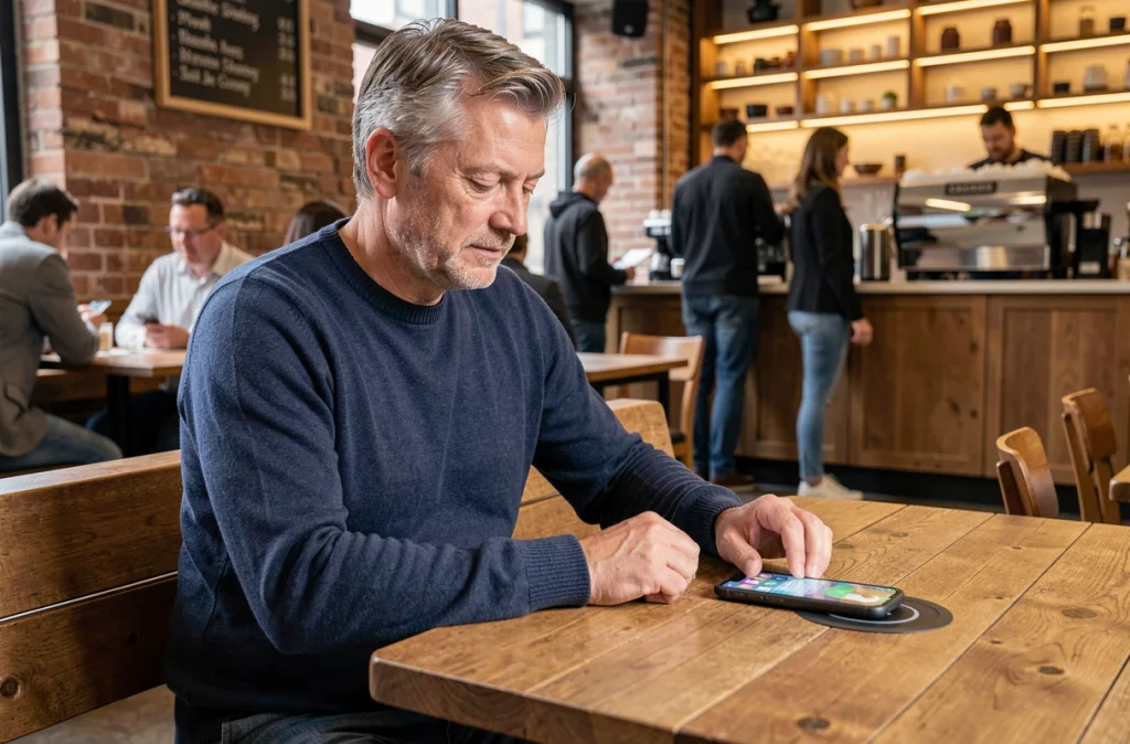 Homme rechargeant son smartphone sans fil sur une table de café équipée d'un chargeur intégré