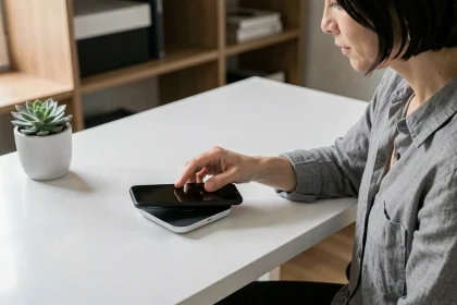 Femme déposant un smartphone sur un chargeur sans fil posé sur un bureau minimaliste blanc