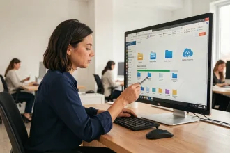Femme professionnelle vérifiant une sauvegarde automatique sur son ordinateur de bureau en open space