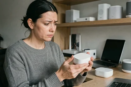 Femme examinant un hub domotique connecté avec attention dans un bureau à domicile moderne, entouré d'objets connectés