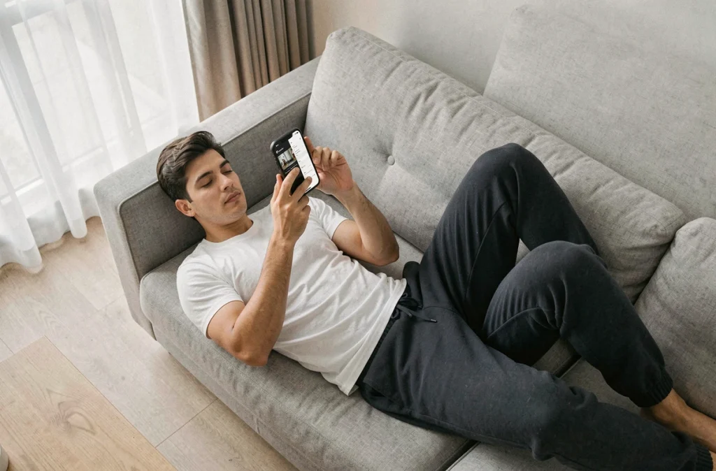 Personne allongée sur un canapé consultant des stories Snapchat anonymement depuis son salon moderne