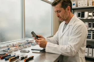 Technicien reconditionnant un smartphone dans un atelier professionnel en France