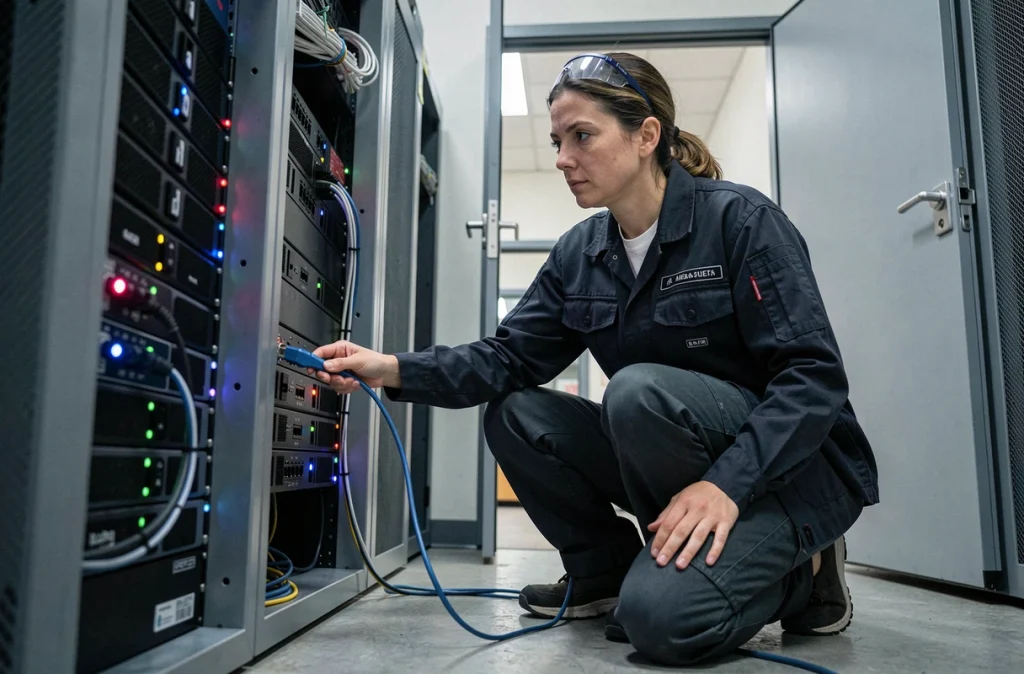 Technicienne informatique inspectant un serveur dans une petite entreprise face à une cyberattaque