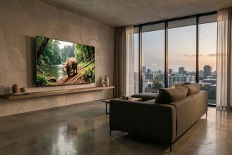 Téléviseur OLED 77 pouces dans un salon moderne minimaliste affichant un documentaire nature aux couleurs profondes