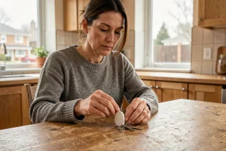Femme attachant un traceur blanc type AirTag à ses clés de maison dans une cuisine moderne en bois clair