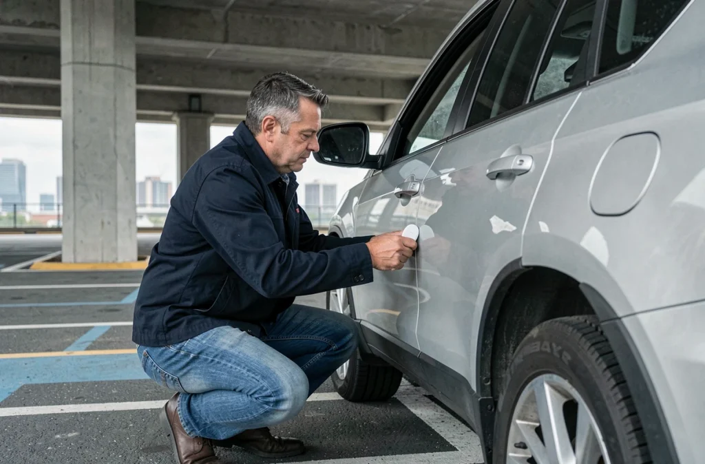 Homme plaçant un traceur Apple AirTag dans la portière d'un SUV argent dans un parking urbain