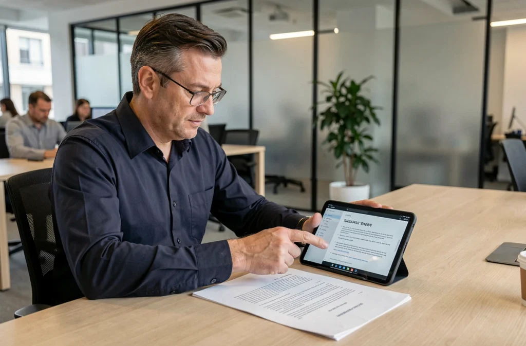 Homme en bureau utilisant une tablette pour traduire un document imprimé en langue étrangère