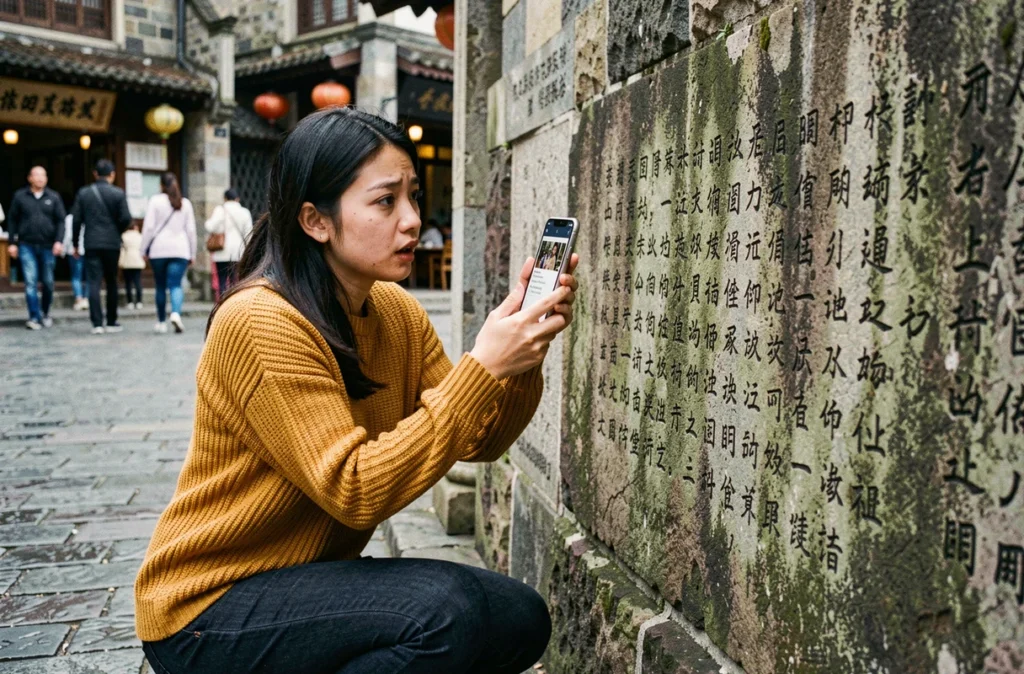 Jeune femme photographiant une inscription en caractères asiatiques avec une application de traduction photo en voyage