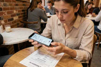 Femme utilisant une application de traduction photo sur smartphone au-dessus d'un menu imprimé dans un café