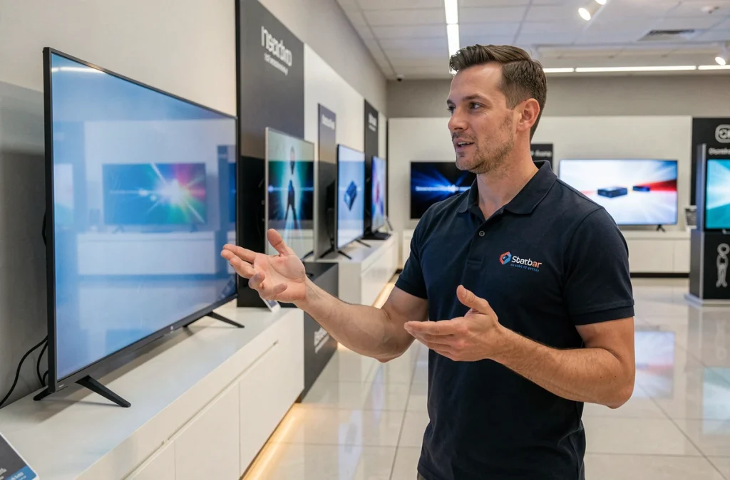 Vendeur spécialisé présentant des téléviseurs OLED haut de gamme dans un showroom d'électronique