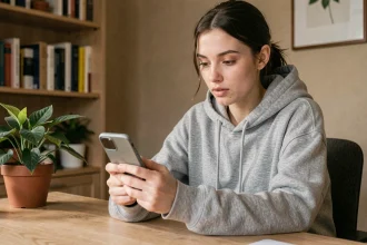 Jeune femme consultant anonymement des stories Snapchat sur son smartphone depuis son bureau à domicile