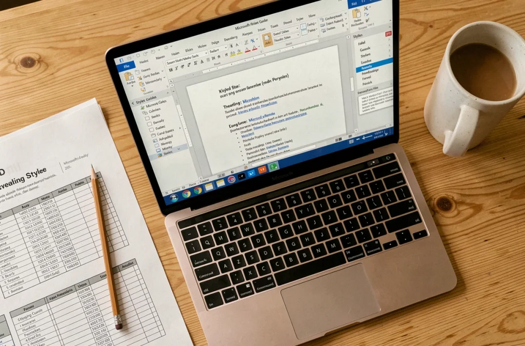 Vue de dessus d'un bureau avec un ordinateur portable affichant des styles Word appliqués à un document structuré