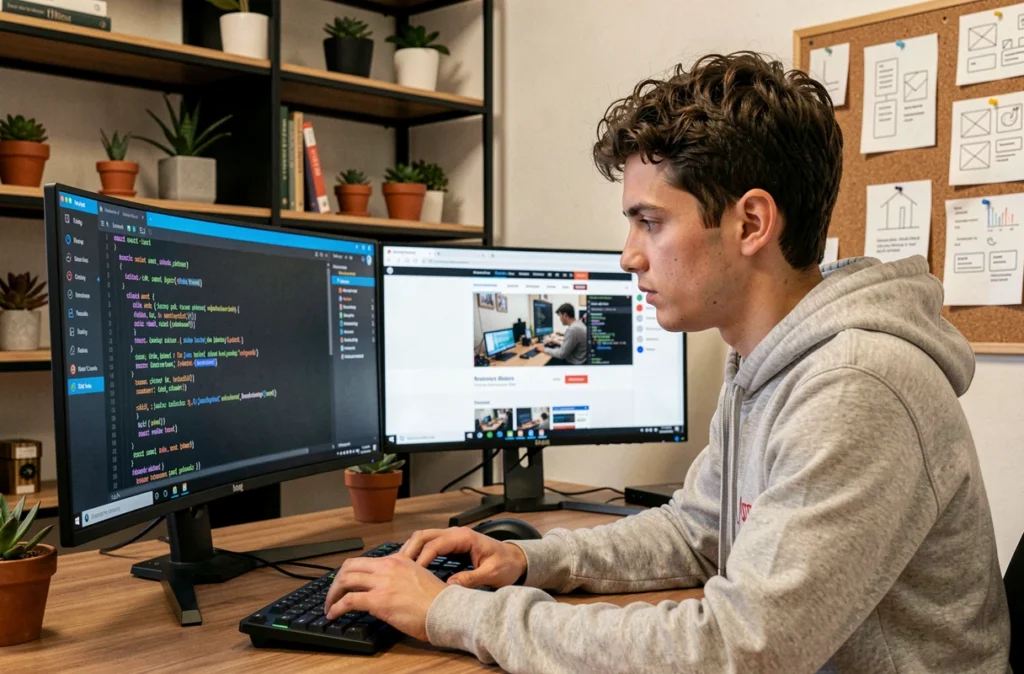 Développeur de l'agence Armadiyo concentré sur un code React affiché sur un écran ultrawide incurvé dans un bureau minimaliste