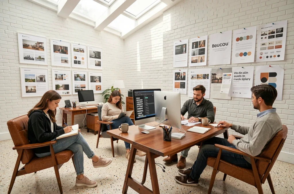 Équipe créative de l'agence Beaucoup travaillant dans un studio lumineux avec des projets de design web imprimés et un iMac