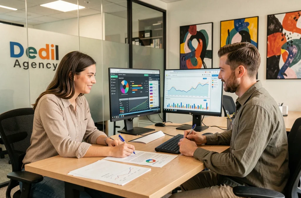 Deux stratèges de la Dedi Agency analysant un tableau de bord d'analytique web dans un espace de travail hybride moderne