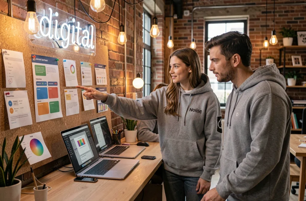 Équipe de l'agence Noiise collaborant sur des maquettes d'interface utilisateur dans un studio créatif au style loft