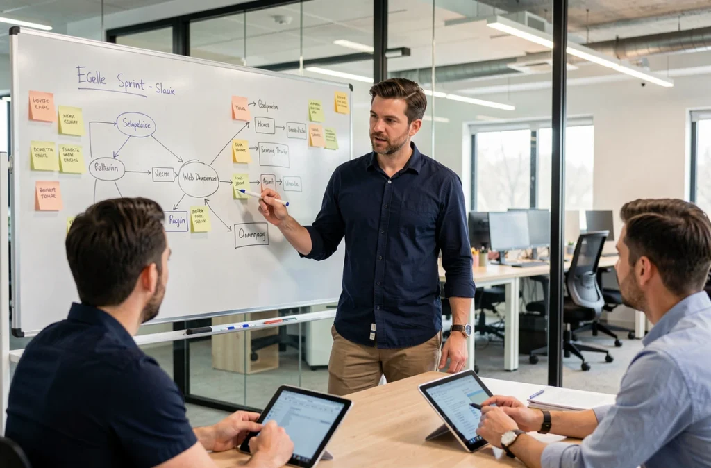 Chef de projet de l'agence Pilot'in présentant une feuille de route de développement web sur un tableau blanc en verre