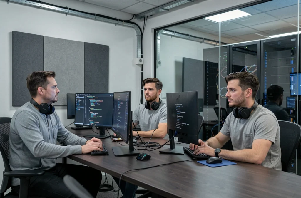 Ingénieurs logiciels de Wess Soft travaillant en rangée sur des environnements de développement back-end à Lyon