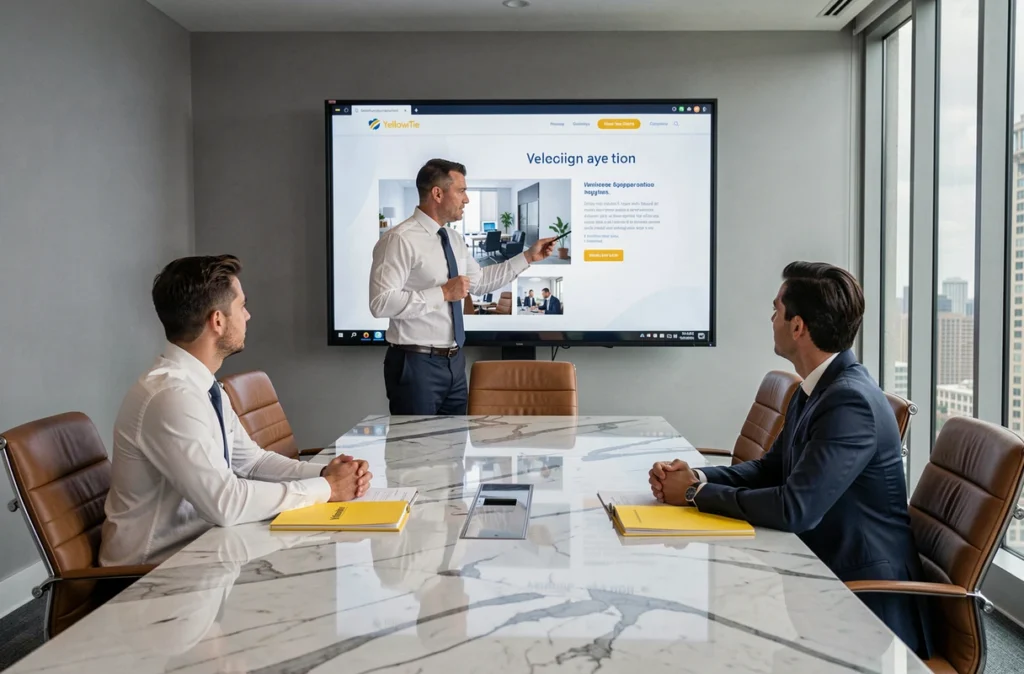 Consultant de l'agence YellowTie présentant une refonte de site web à des clients dans une salle de réunion haut de gamme