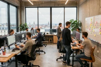 Vue panoramique d'une agence de développement web moderne à Lyon avec des développeurs travaillant dans un open-space contemporain