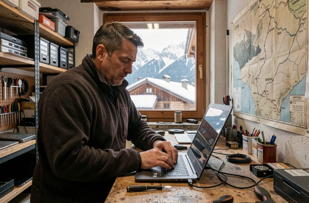 Technicien testant un ordinateur portable réparé dans une boutique informatique à Cevins en Savoie avec vue sur les Alpes