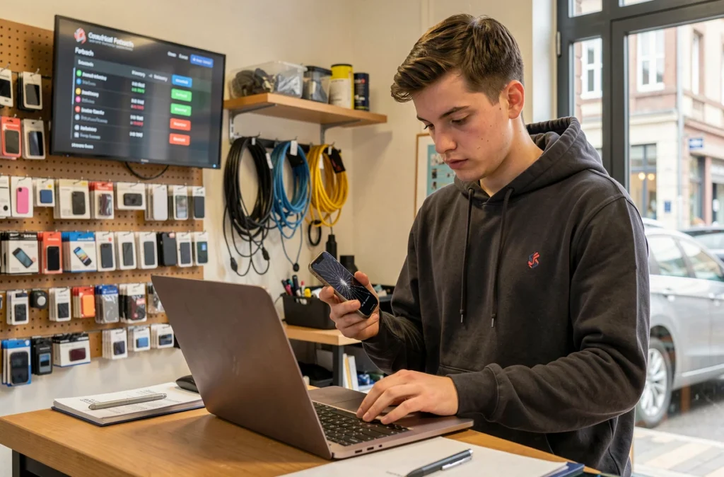 Technicien de Cherry Phone à Forbach gérant simultanément une réparation de smartphone et une tâche informatique sur ordinateur portable