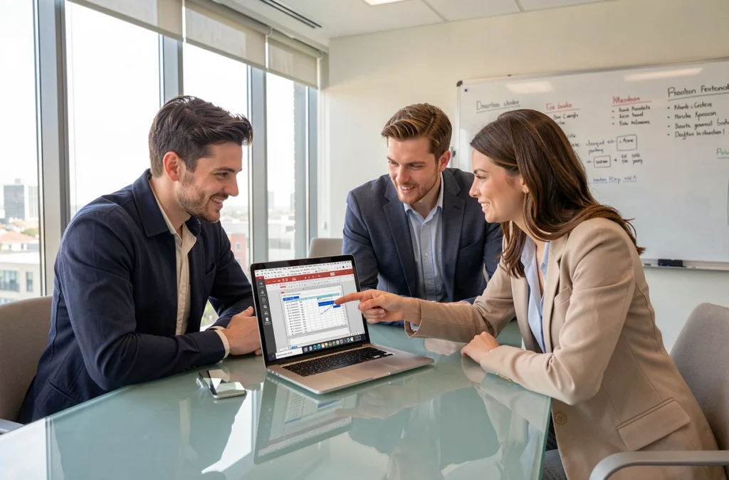 Deux collègues collaborant autour d'un tableau dynamique Word lors d'une réunion professionnelle