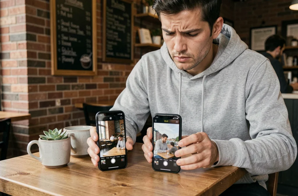 Homme comparant deux smartphones à moins de 200 euros dans un café indépendant