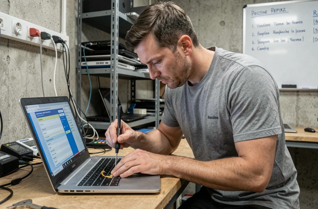 Technicien de Depanordi à Metz remplaçant un composant de clavier sur un ordinateur portable ouvert dans un atelier de dépannage informatique