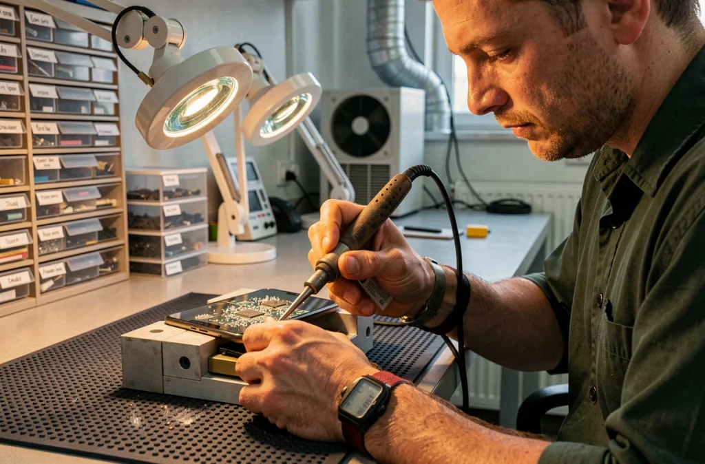 Technicien spécialisé de E.R.G.C Electronics Repair Global Center à Metz effectuant une réparation de précision à la soudure sur une carte mère de smartphone