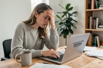 Femme frustrée face à une erreur de connexion So Go Lille sur son ordinateur portable à domicile