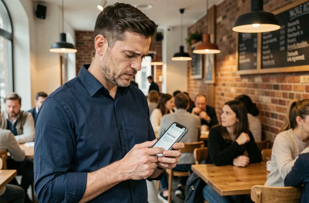 Homme consultant son smartphone avec une erreur réseau So Go Lille dans un café urbain