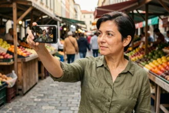 Femme tenant un smartphone économique pour photographier un marché de rue urbain