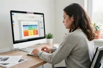 Femme insérant un tableau dynamique dans un document Word sur un grand écran de bureau