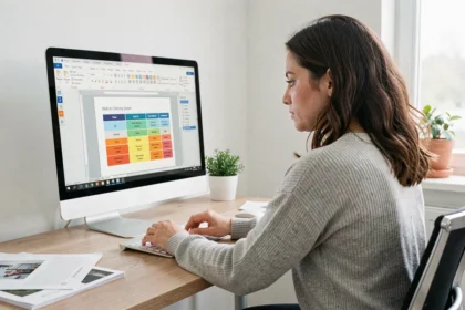 Femme insérant un tableau dynamique dans un document Word sur un grand écran de bureau