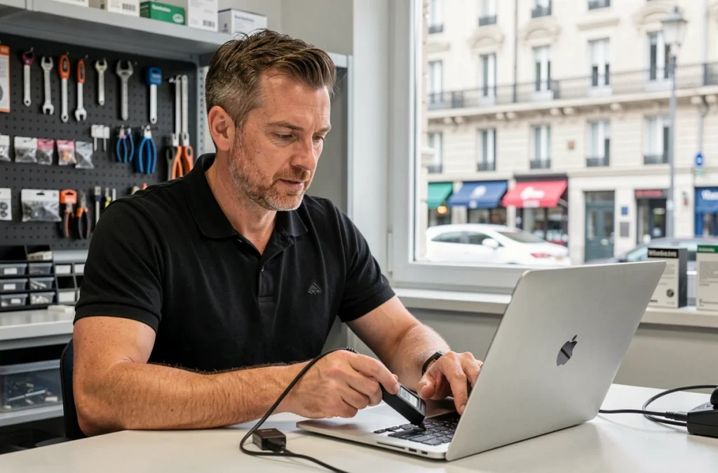 Technicien analysant un ordinateur portable avec un outil de diagnostic dans une boutique informatique du 8e arrondissement de Lyon