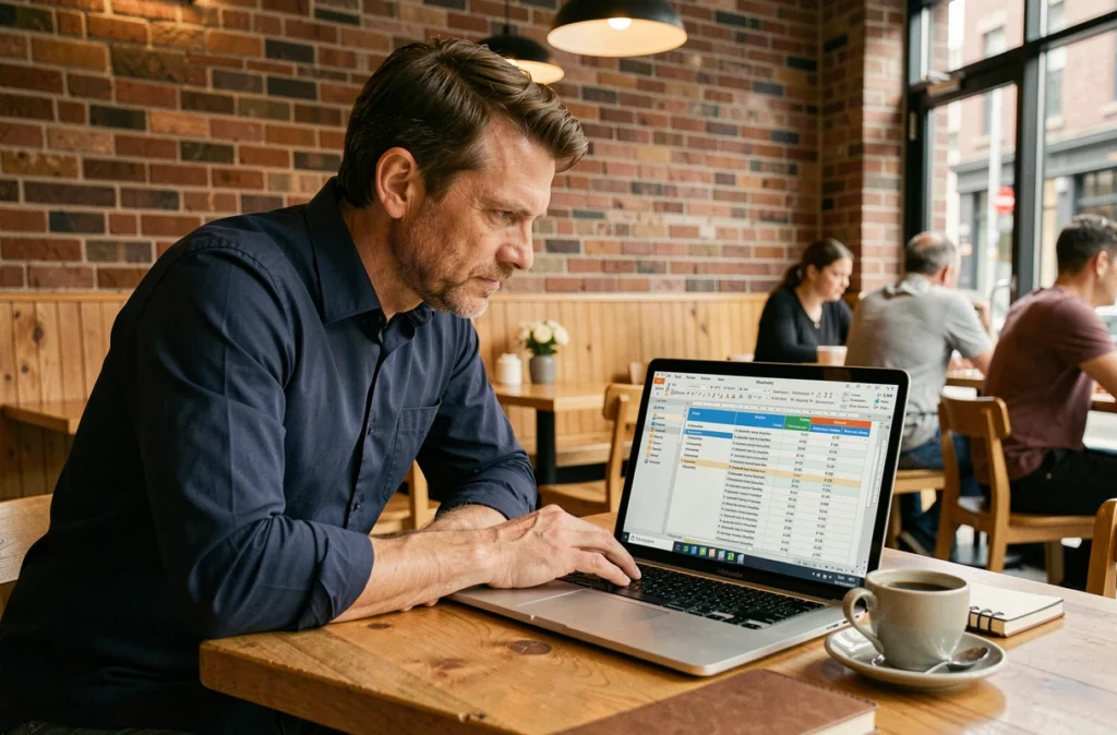 Homme travaillant sur un tableau Word dans un café urbain avec son ordinateur portable