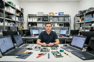 Technicien informatique professionnel travaillant dans un atelier de maintenance informatique en Moselle, entouré d'ordinateurs et d'équipements de diagnostic
