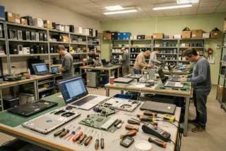 Vue d'ensemble d'un atelier de réparation informatique en Auvergne-Rhône-Alpes avec techniciens au travail