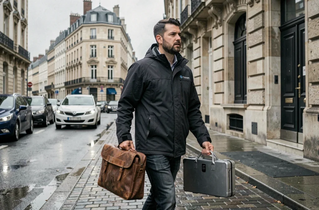 Technicien de Metz-Dépannage marchant dans une rue de Metz avec son équipement pour une intervention informatique rapide à domicile
