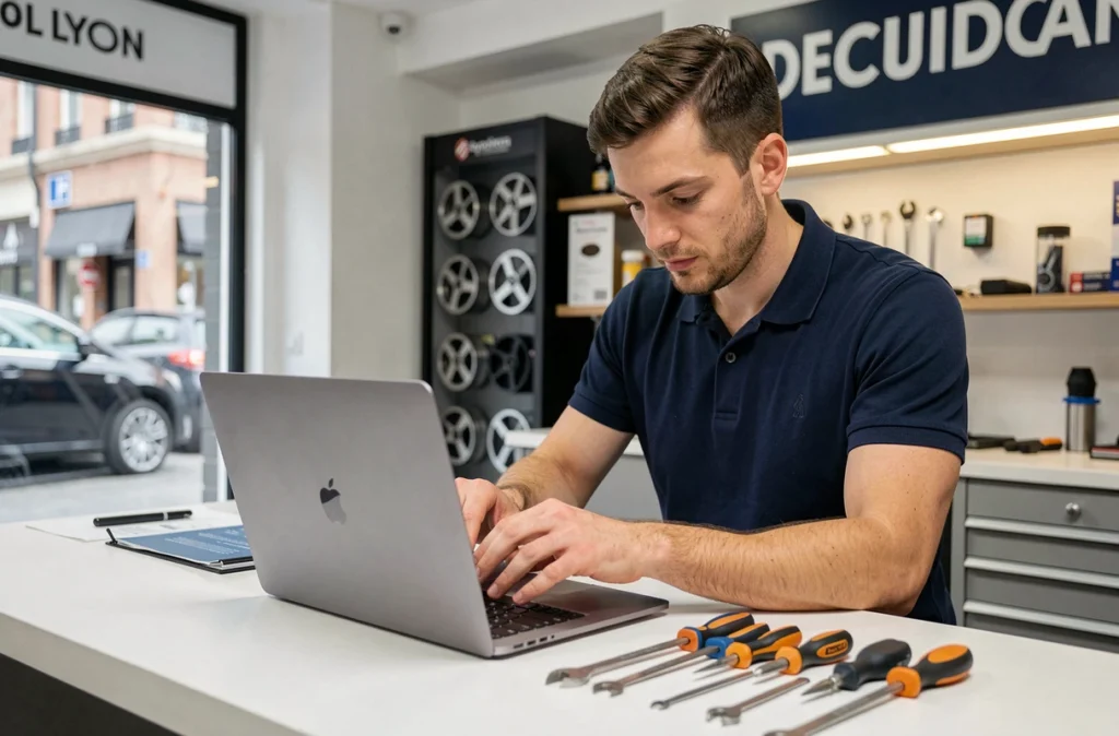 Technicien remplaçant l'écran d'un MacBook Pro dans un atelier de réparation informatique à Lyon