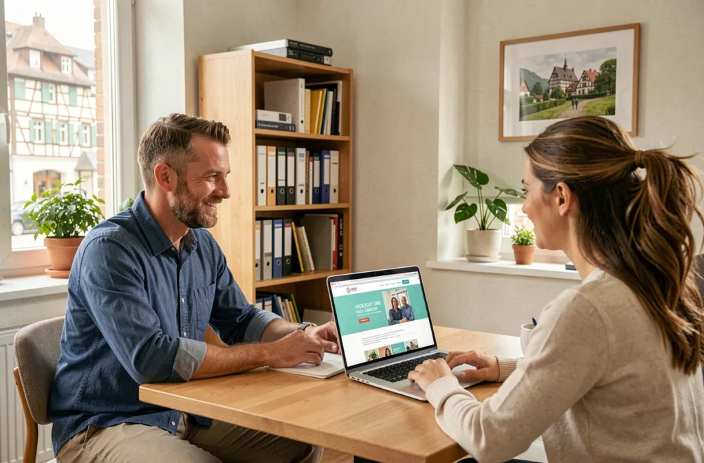 Consultant web de l'agence Netinup à Horbourg-Wihr présentant un site internet à des clients TPE-PME