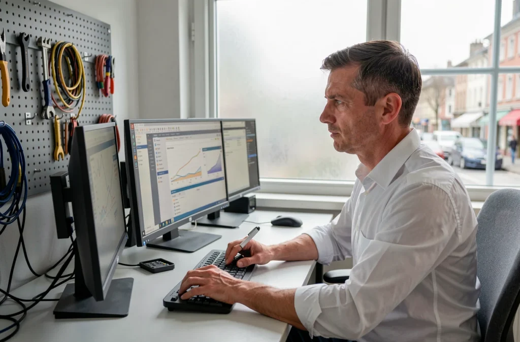 Spécialiste informatique de PC Plus à Thionville travaillant sur deux écrans affichant des tableaux de bord d'analyse système